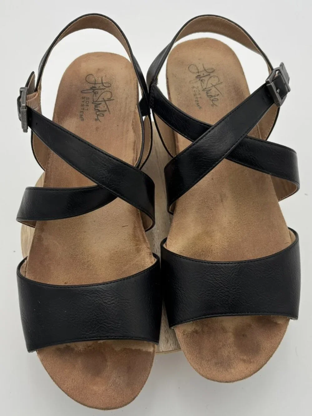 LifeStride Maple Black Faux Leather Strappy Slingback Cork Wedge Sandals 9W